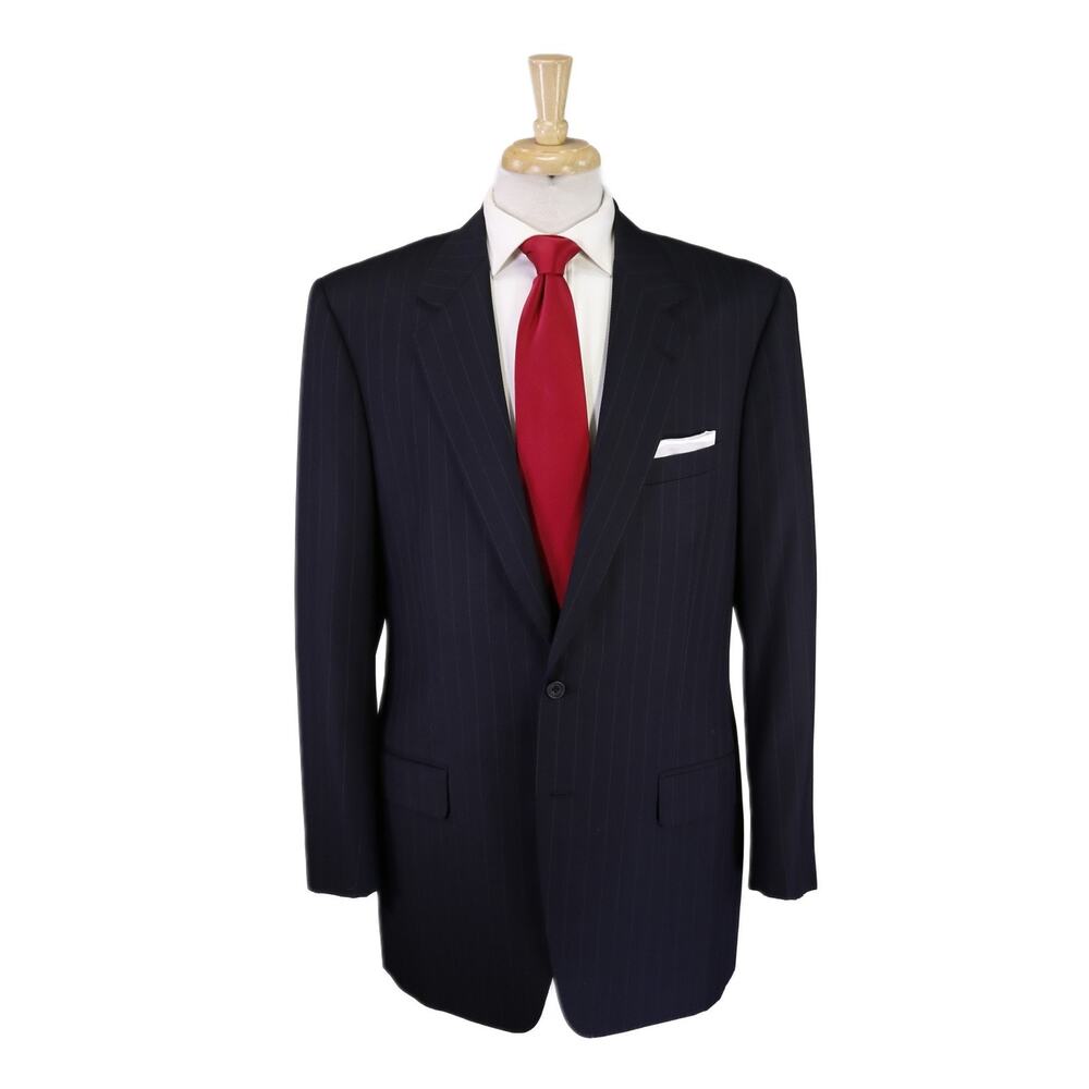 Kawa Tailors Bespoke Custom Tailored Navy Blue Pinstripe 2-Btn Wool Suit 42L